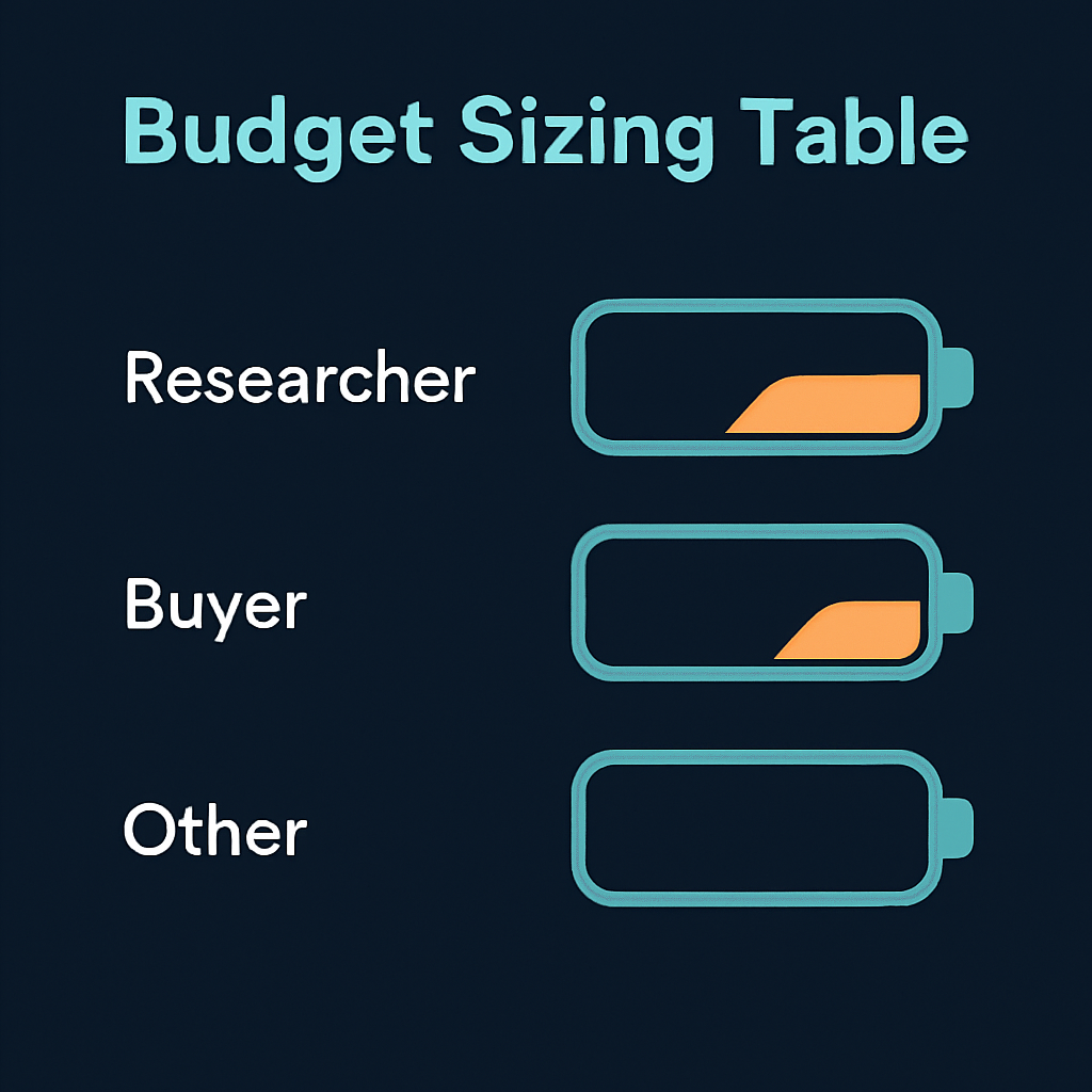 Agent budget sizing — three agent roles with balance meters showing task-appropriate budget levels
