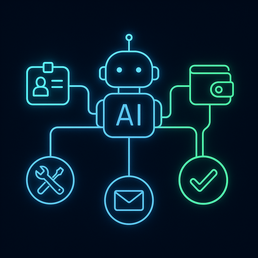 AI agent with identity badge and payment wallet, with capability lines extending to tools, email, and purchases