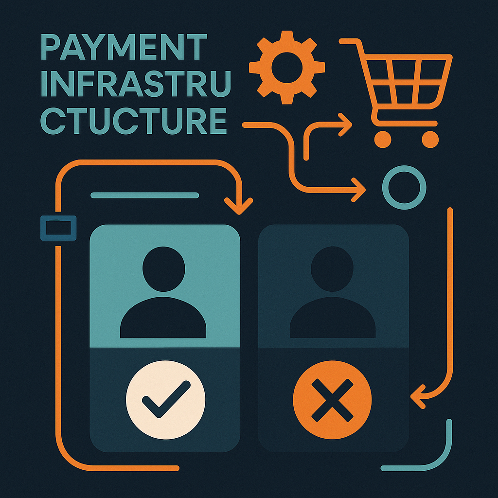 Agentic commerce data dashboard — rising metrics and key statistics displayed, ATXP robot pointing at growth indicators