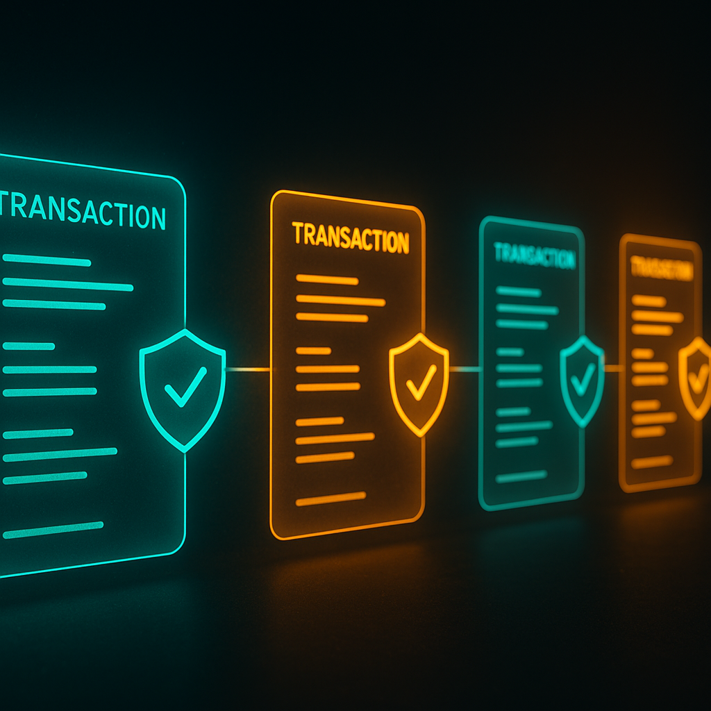 A structured audit trail log showing agent transactions, tool calls, and authorization context