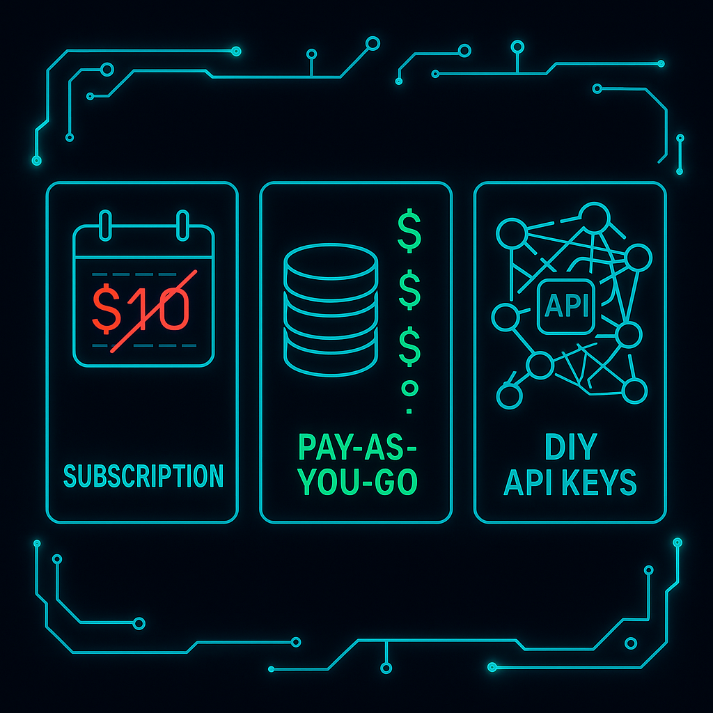 Three AI agent pricing models compared: subscription, pay-as-you-go, and DIY API stack