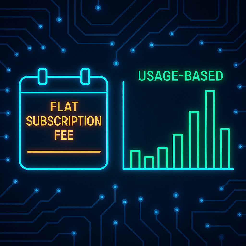 Monthly subscription flat line vs. pay-as-you-go variable usage bars
