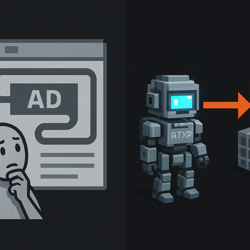 Two overlapping AI commerce and advertising networks merging at their intersection, orange and teal