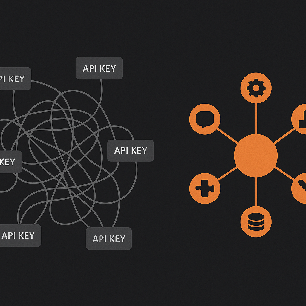 DIY agent stack: a tangle of 8 API key boxes vs a single clean ATXP hub with tools in an orderly star pattern