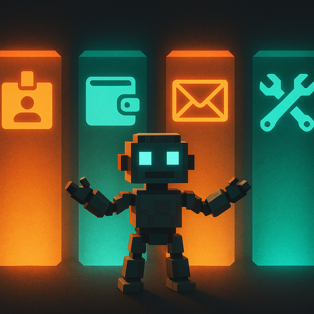 Four agent infrastructure pillars: identity, payments, email, and tools, with the ATXP robot presenting them