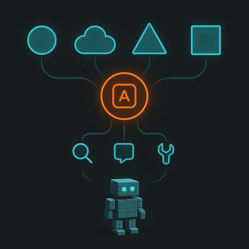 Unified ATXP model gateway: four AI provider nodes feed into a single hub, with tool icons flowing out to the agent