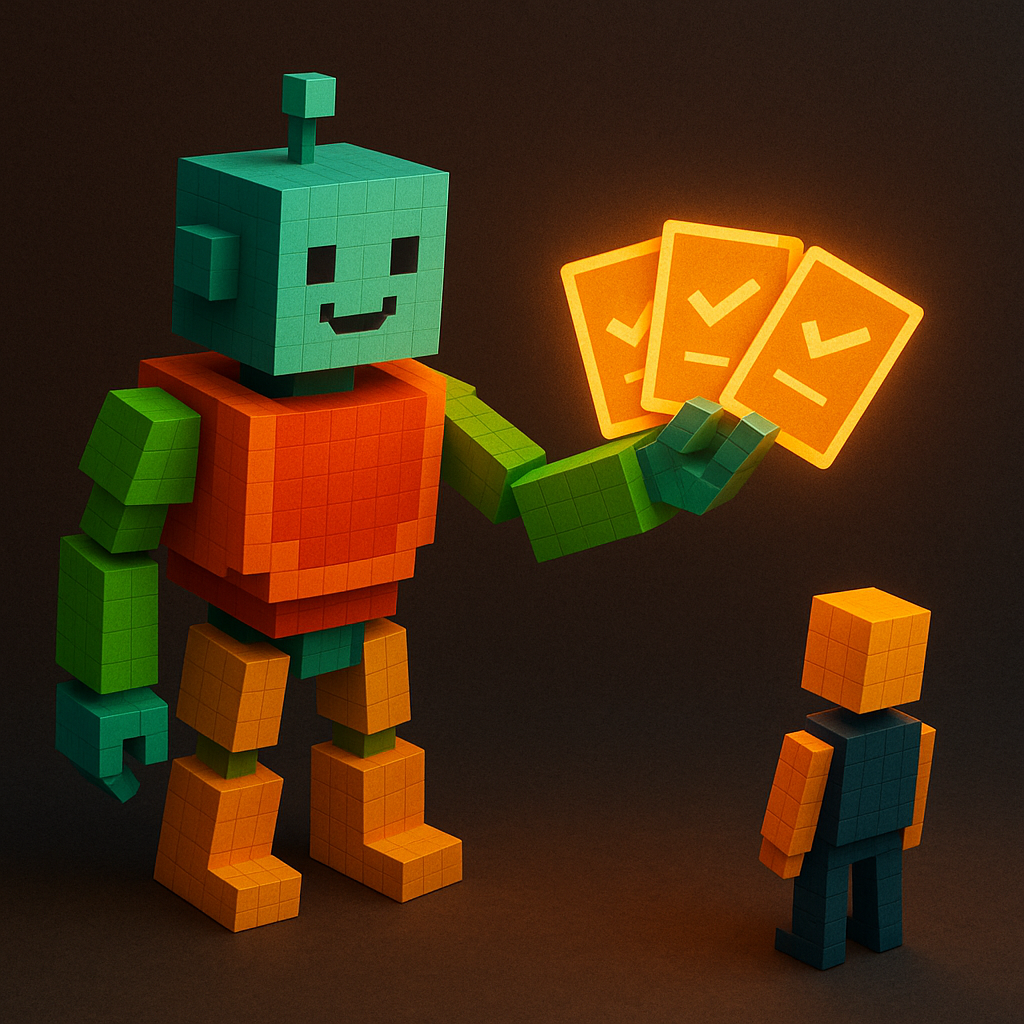 Delegation is not one big yes — a robot holds a crossed-out master key on one side and a set of granular policy cards on the other: budget max $400, merchant Amazon only, deadline by Friday