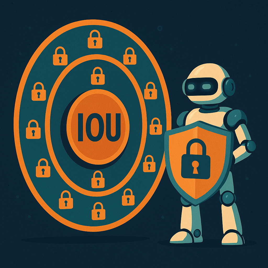 Financial zero trust implementation — ATXP robot with shield inspecting layered security rings around IOU balance, concentric protection layers