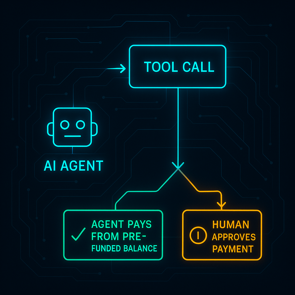 AI agent tool call decision tree: agent pays from pre-funded balance vs. human approves payment