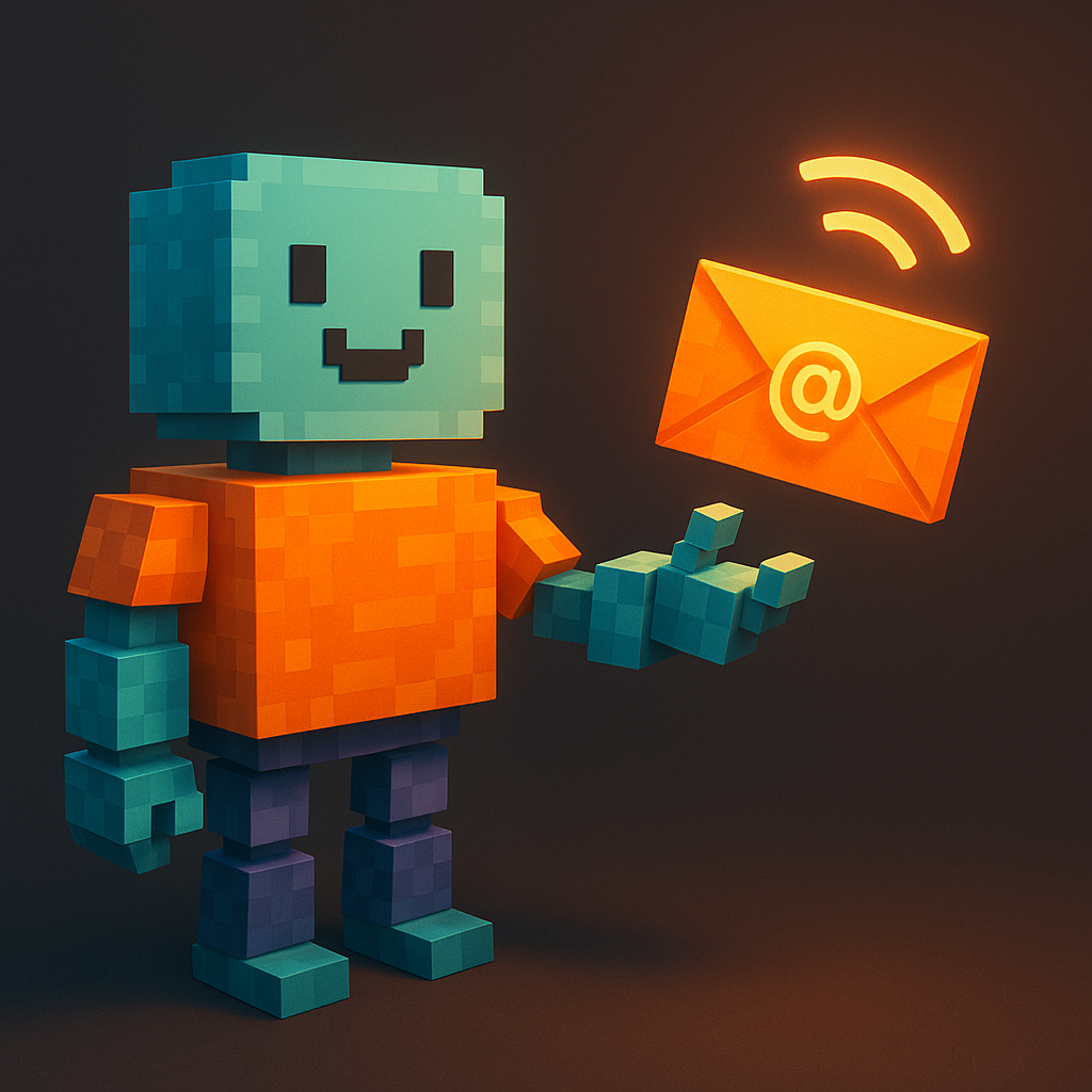 The ATXP robot sends a glowing orange email envelope marked with an at-sign symbol