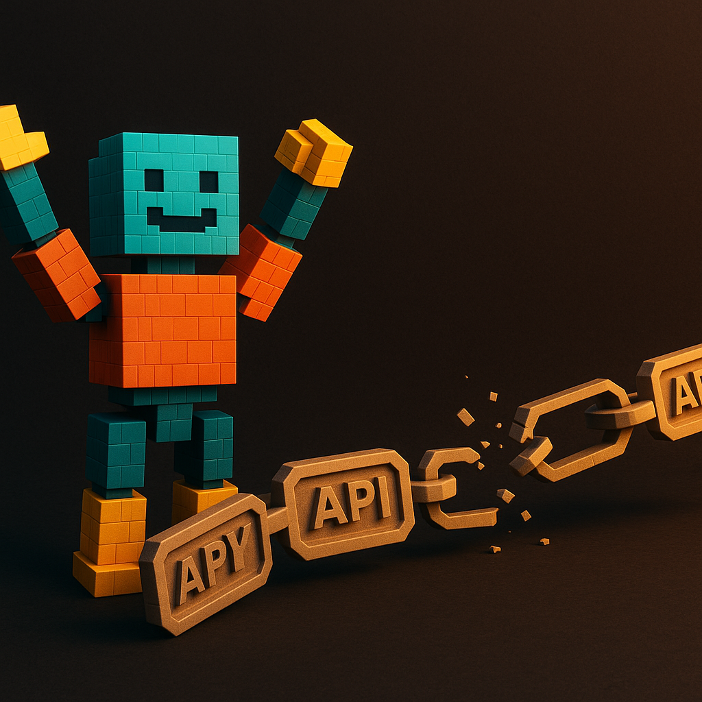 The ATXP robot stands freely as a broken chain of API key tokens falls away behind it