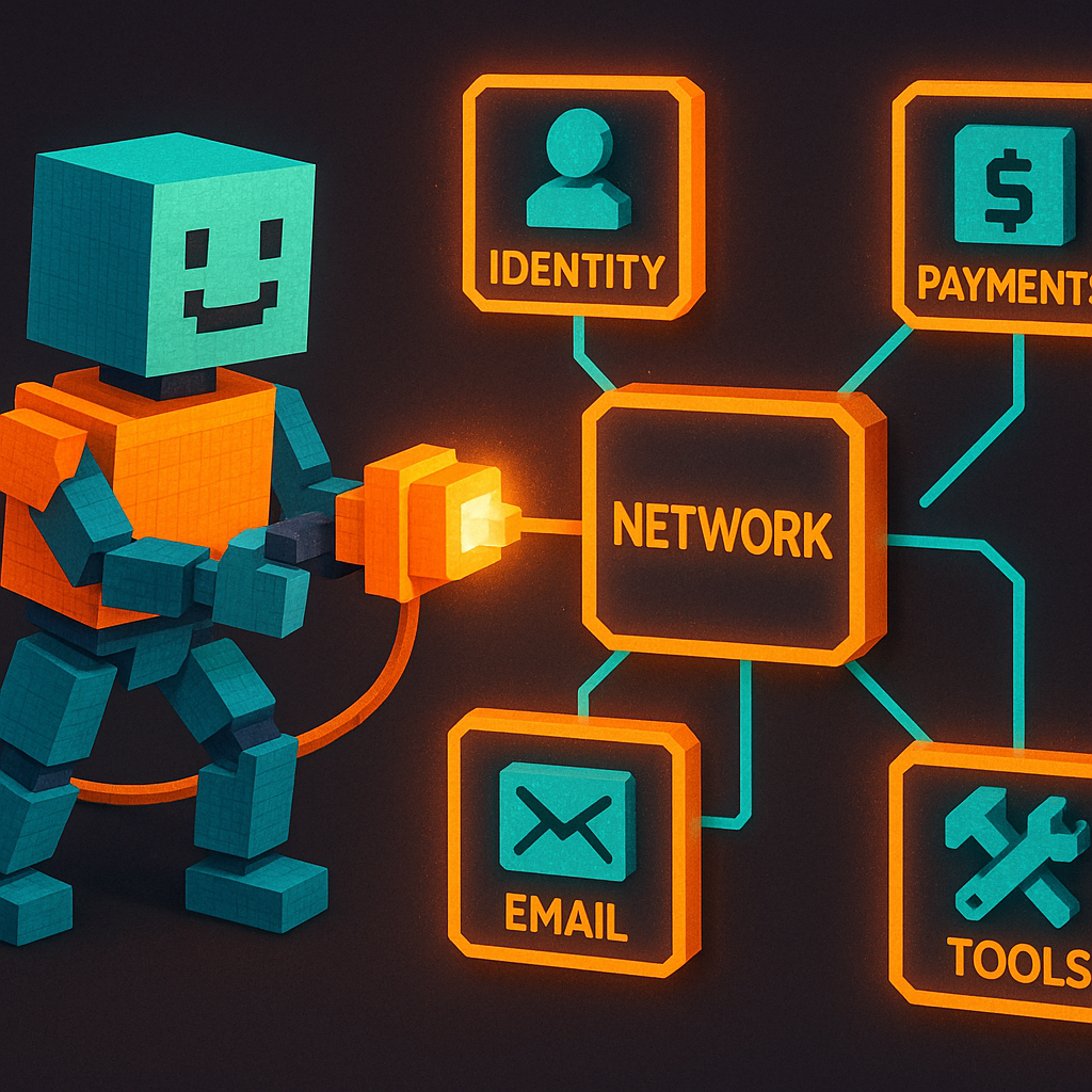 The ATXP robot plugs a glowing connector into a hub node surrounded by identity, payments, email, and tool icons