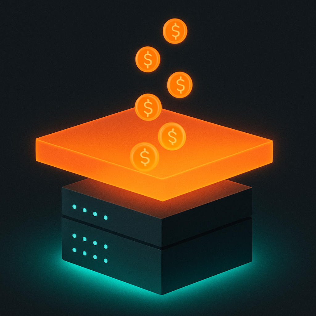 A server node with a glowing pay-per-call billing layer above it, coin symbols flowing upward with each API call