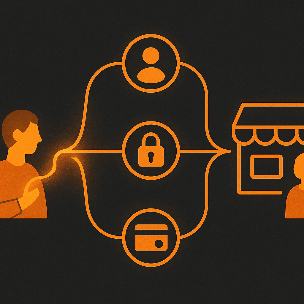 How routable intent works: an intent signal flows through identity, permissions, and payments infrastructure to reach a merchant