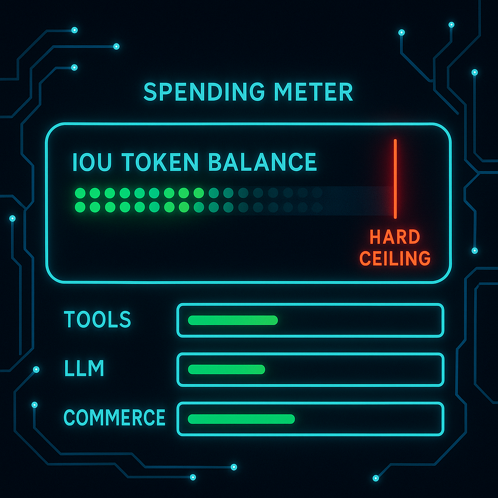 IOU token balance meter with hard ceiling indicator and per-category spending bars