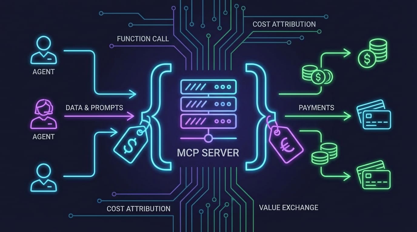 Neon diagram of an MCP server receiving function calls from agents with cost attribution and payment flows