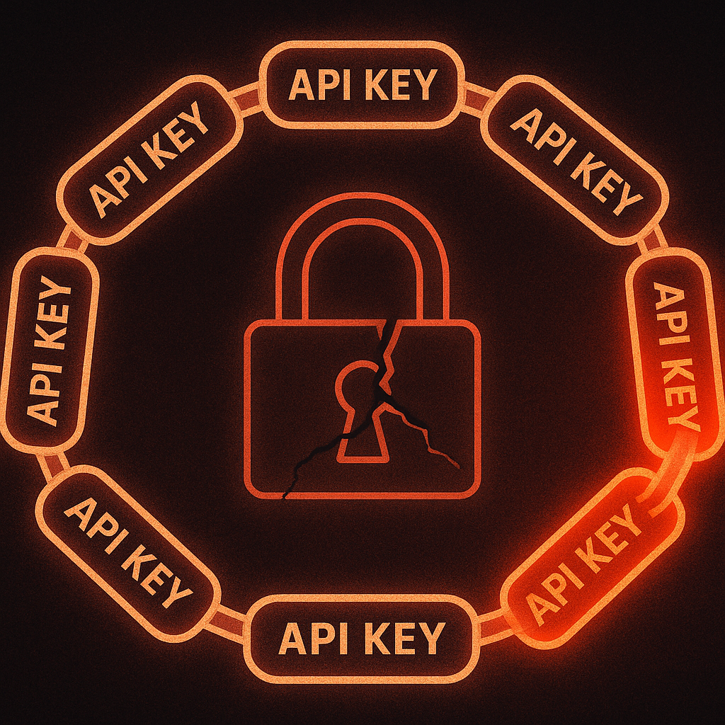 A ring of API key tokens as weak chain links, with one cracked orange-red link highlighting the structural security vulnerability