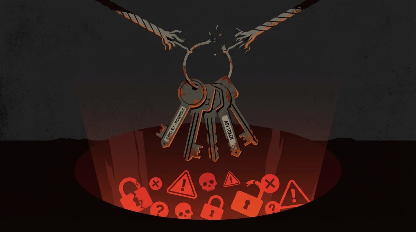 API keys dangling from a fraying rope over a pit of glowing red warning symbols