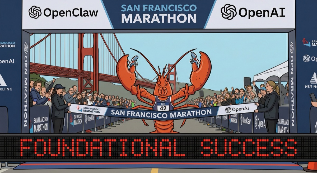 OpenClaw lobster mascot crossing the finish line at a marathon sponsored by OpenAI — foundational success