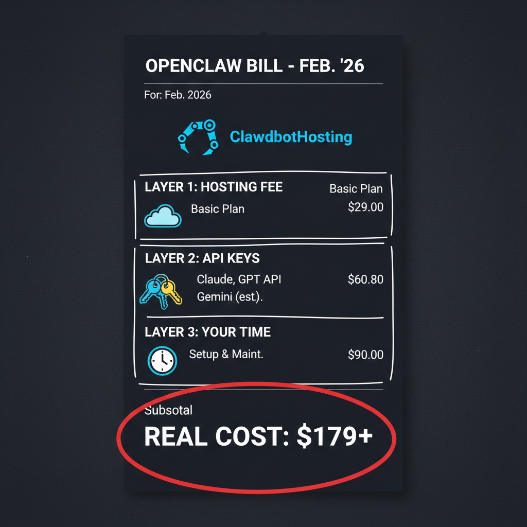 OpenClaw hosting bill breakdown showing Layer 1: Hosting $29, Layer 2: API Keys $60.80, Layer 3: Your Time — real cost: $179+