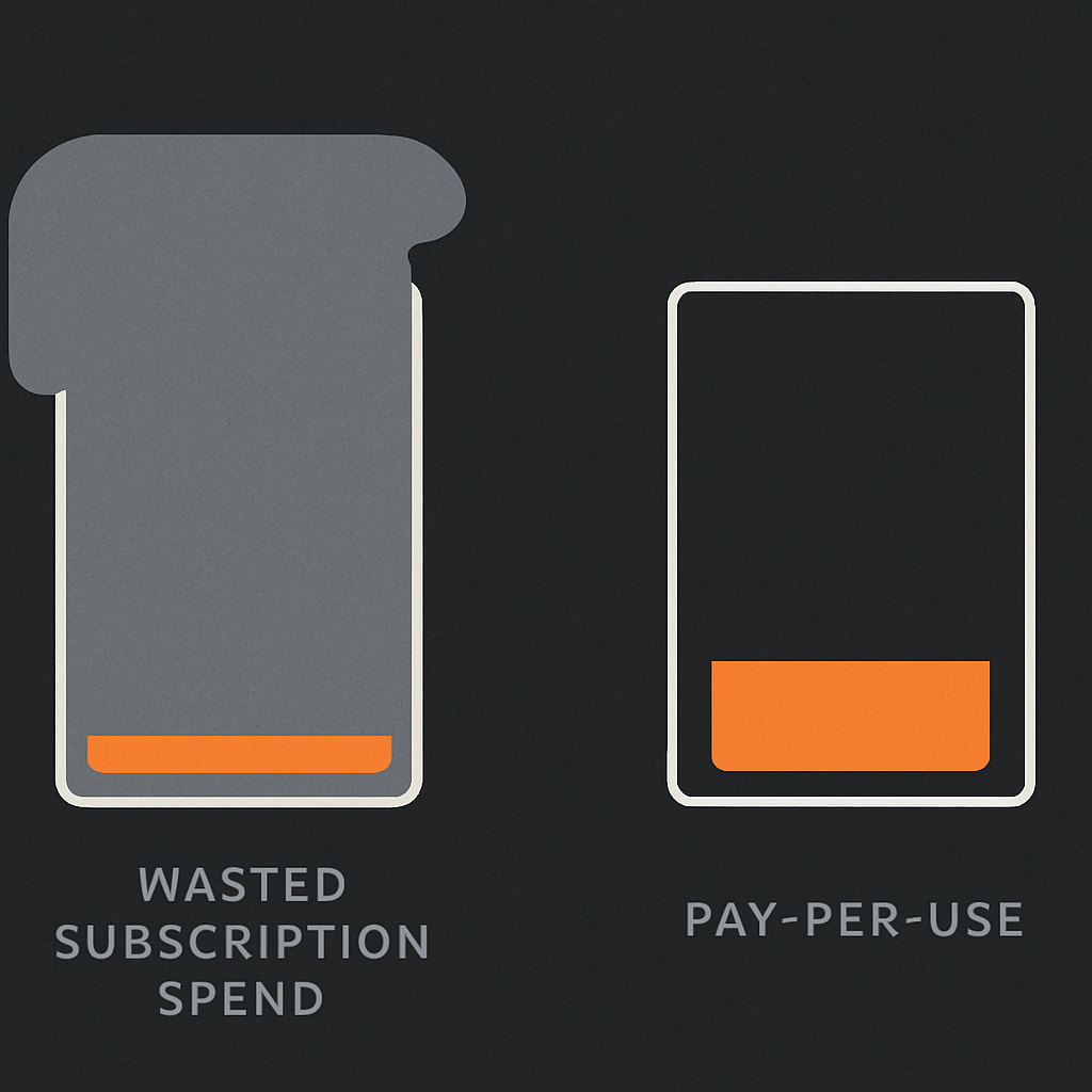 Pay-per-use fills a container precisely to actual usage; subscription model overfills with a large wasted grey zone