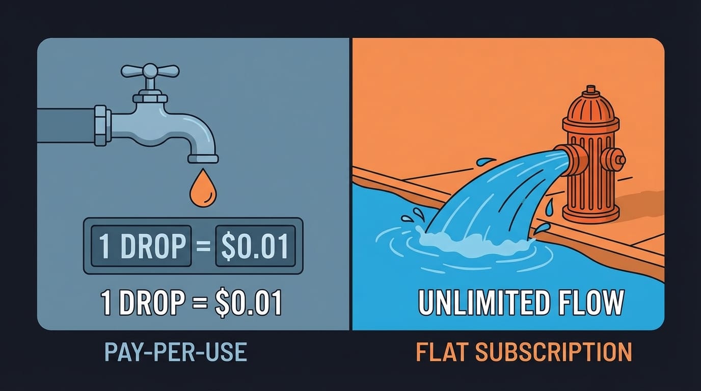Split illustration comparing pay-per-use metered faucet versus unlimited flat subscription fire hydrant