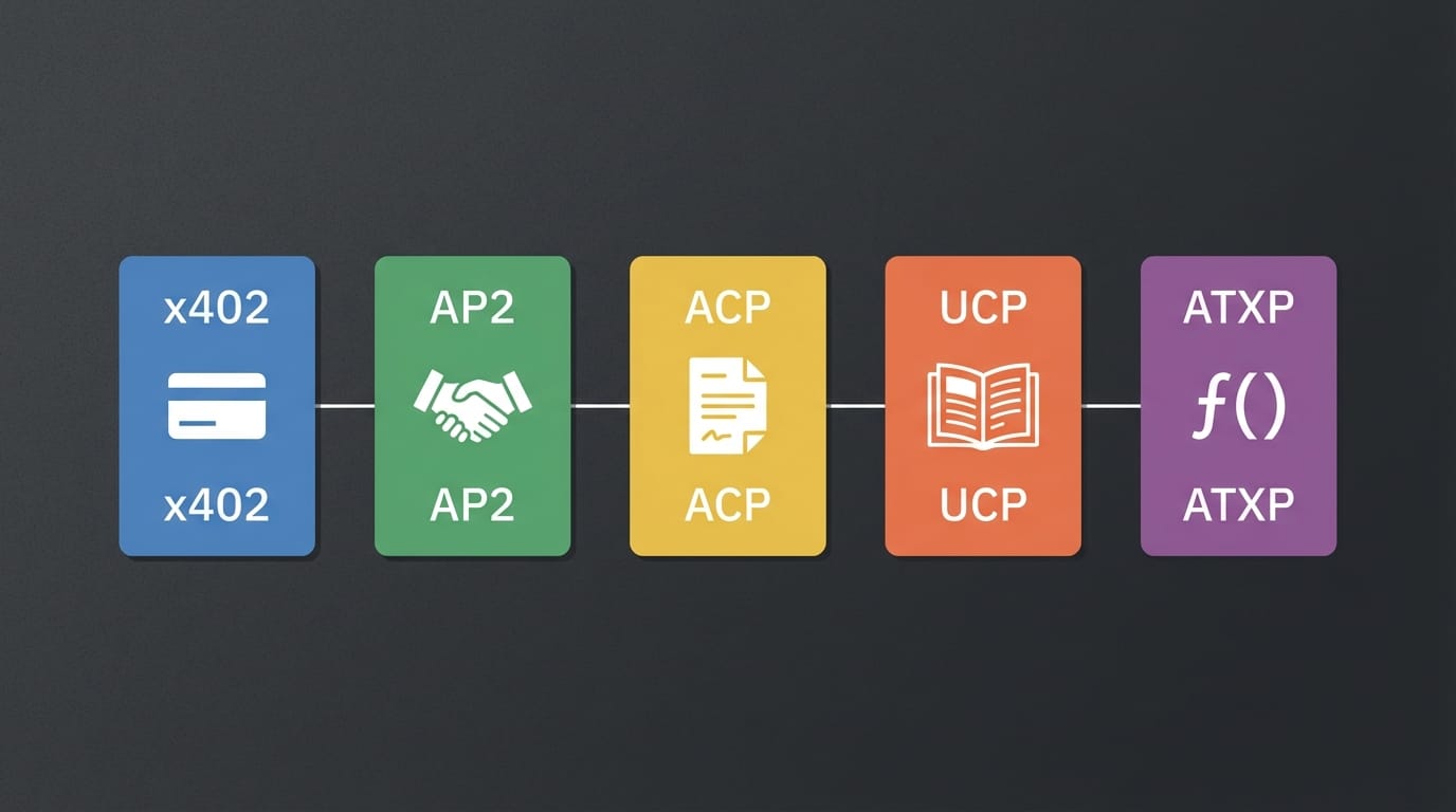 Five protocol cards for x402, AP2, ACP, UCP, and ATXP with icons representing each layer