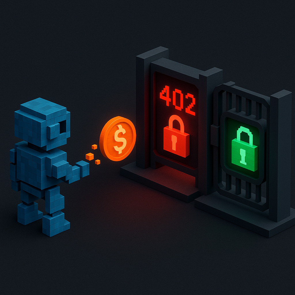 The x402 payment flow: an agent hits a 402 gate, sends a USDC payment, and retries through