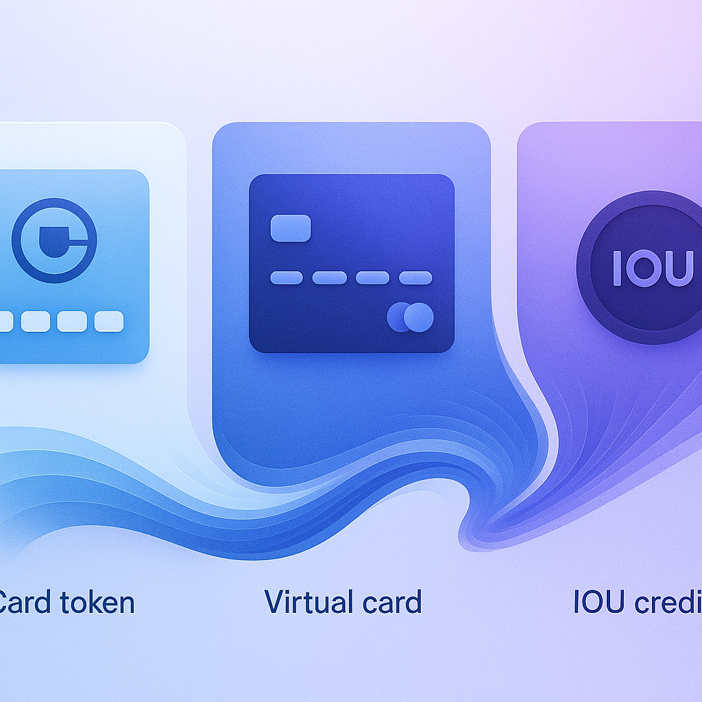 Three agent payment token types — SPT, virtual card, IOU token — with trust model and revocation diagrams