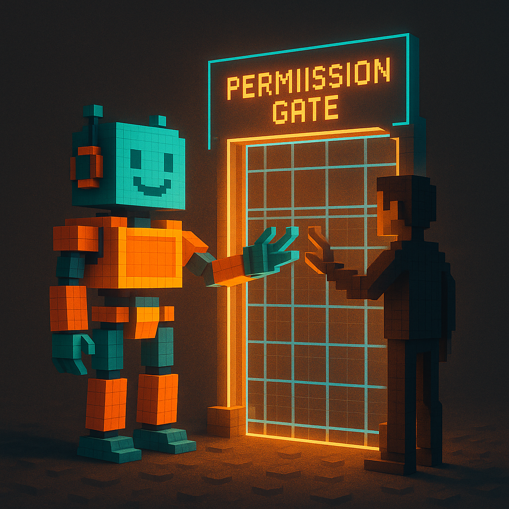 The ATXP robot and a human figure reach toward each other through a structured permission boundary, orange and teal lighting