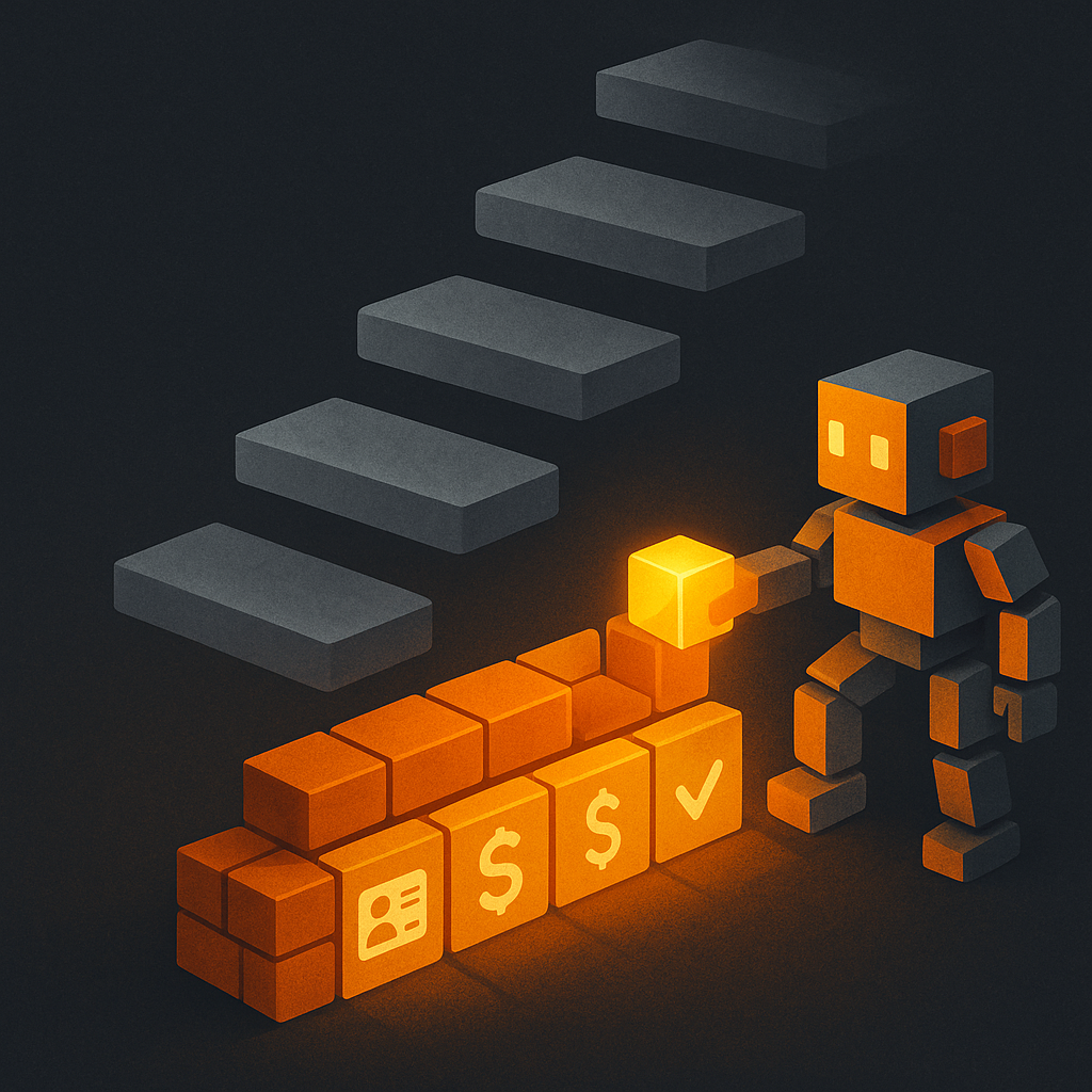 The ATXP robot places identity, payment, and permission foundation blocks beneath five floating staircase steps