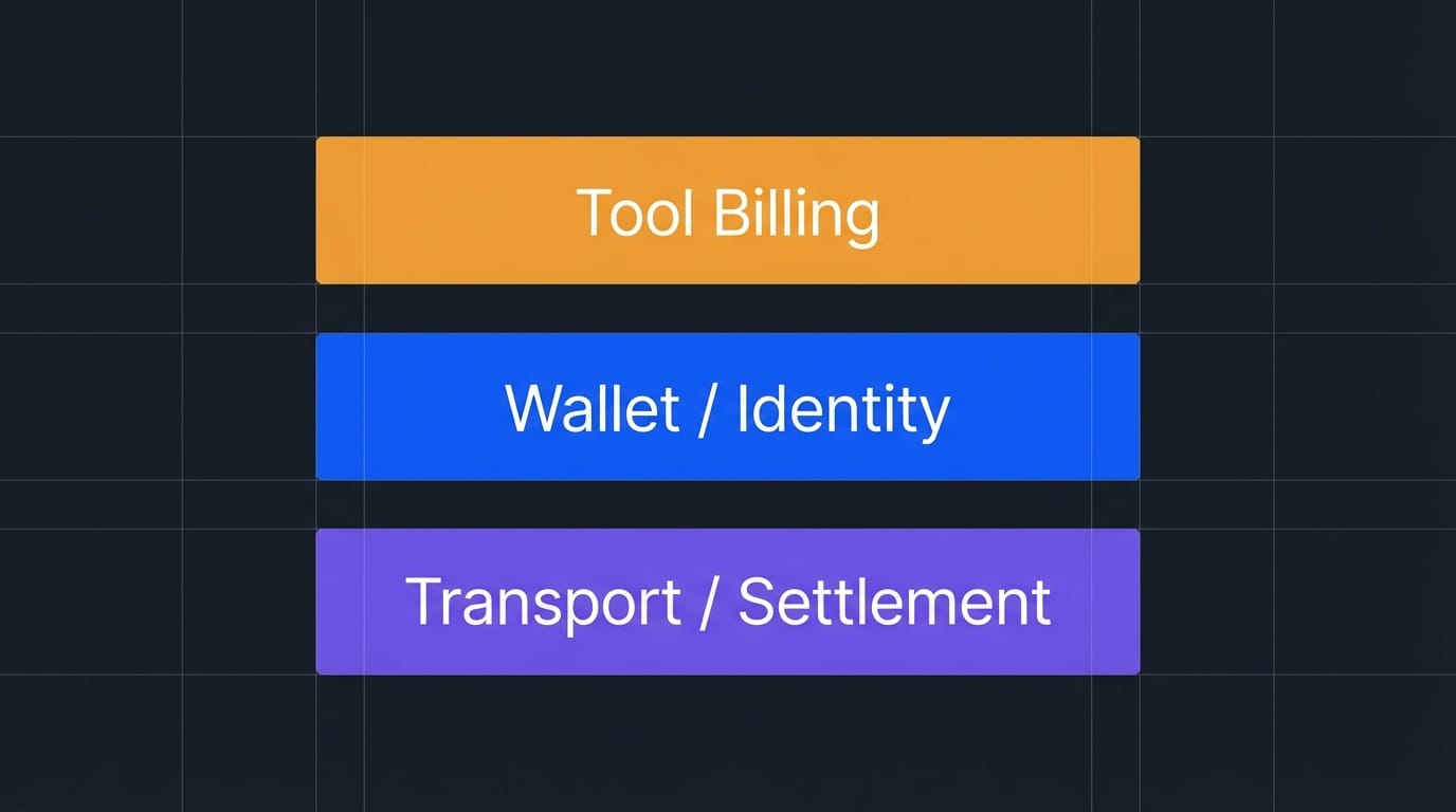 A stack diagram showing Tool Billing, Wallet / Identity, and Transport / Settlement as three protocol layers