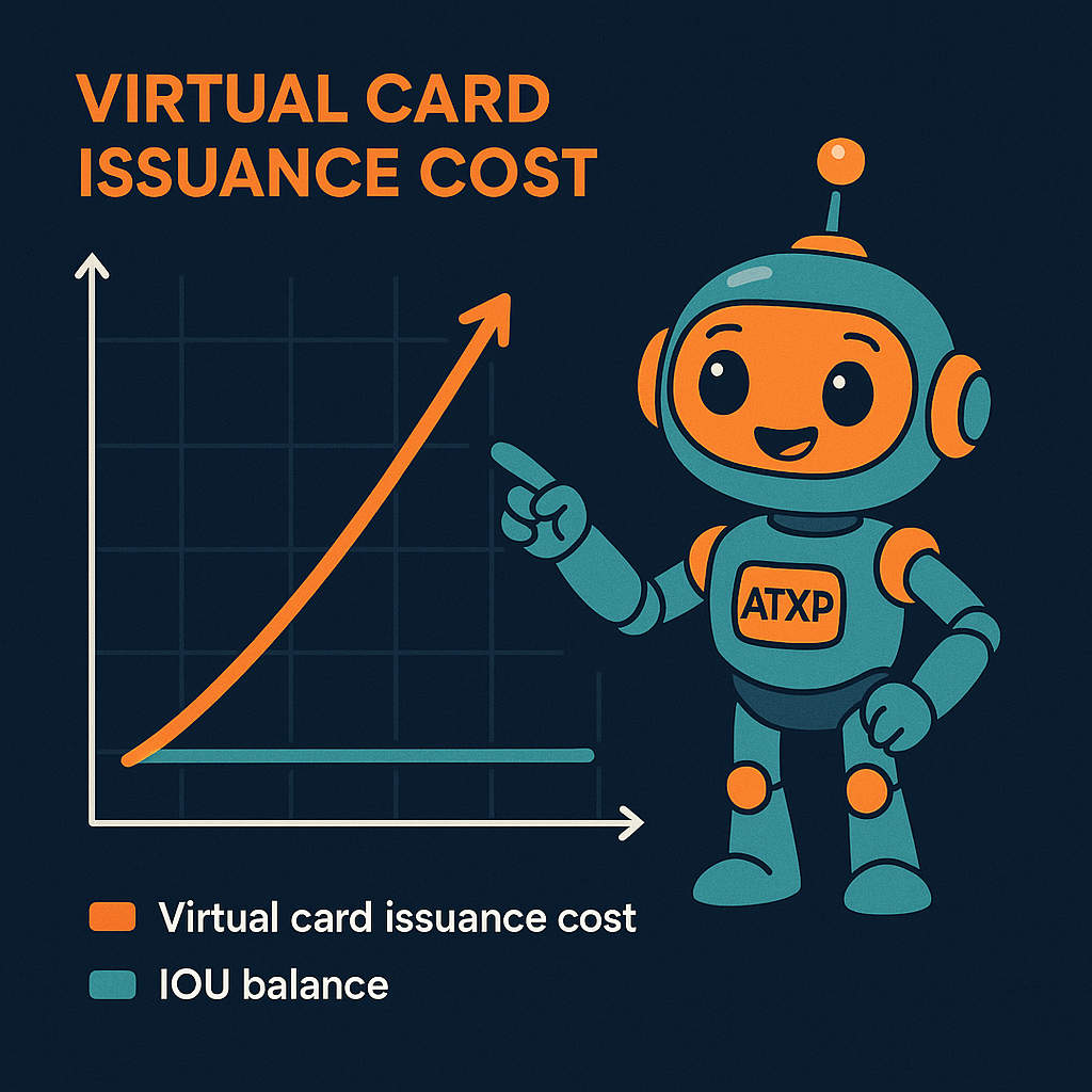 Scale graph: virtual card issuance overhead rising steeply vs flat IOU balance line