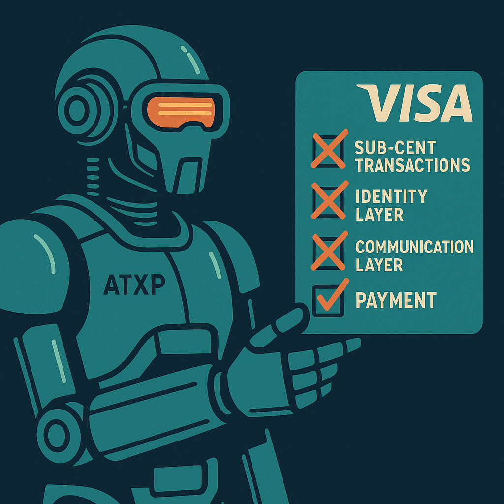 Virtual card identity gap — agent with card number but no persistent handle, merchants can't recognize returning agent, contrast with ATXP handle that persists