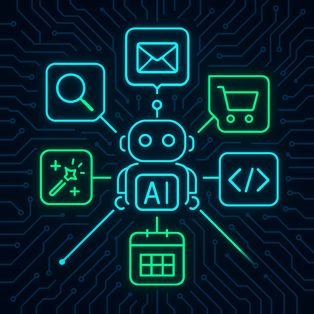 AI agent surrounded by six glowing capability tiles: search, email, shopping, code, calendar, and image generation