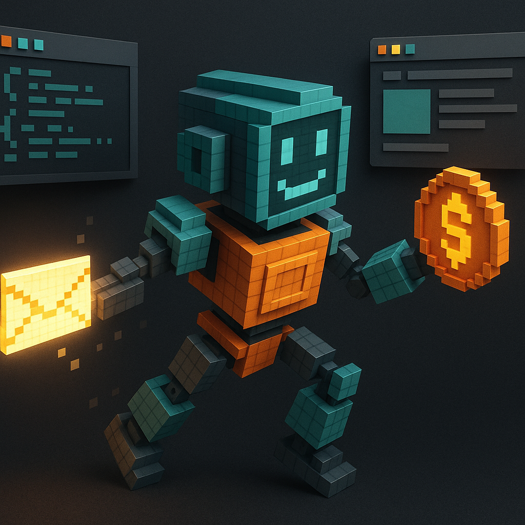 Four active agent capabilities — identity badge, payment account, email address, and tool palette — powering a real-world task pipeline