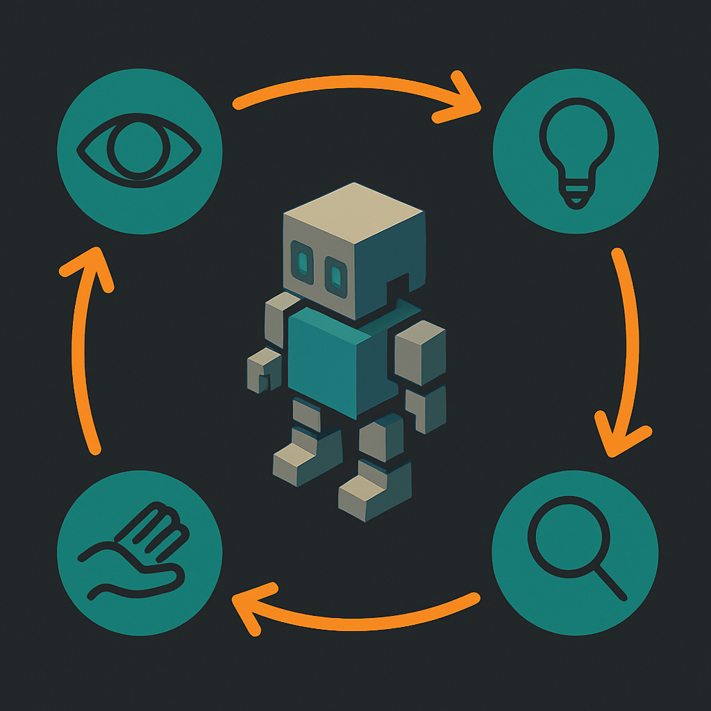 Circular agent execution loop: perceive, plan, act, observe nodes connected by arrows with the ATXP robot at center