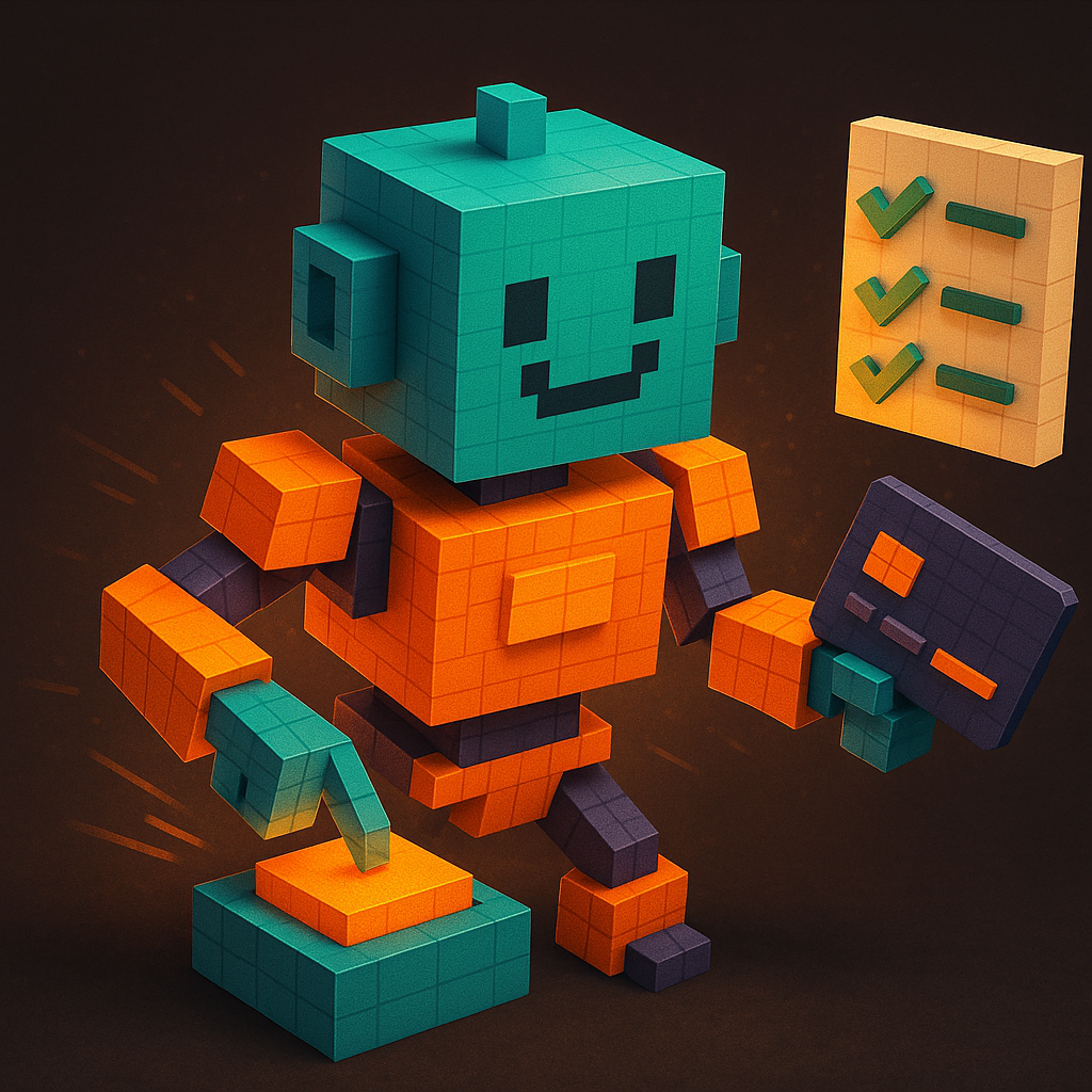 The ATXP robot actively takes action: one arm clicking a button, another holding a payment card, with completed task checkmarks beside it