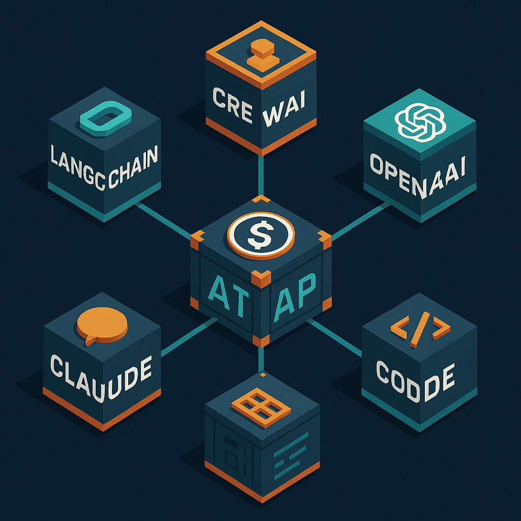 AI framework payment support comparison — LangChain, CrewAI, OpenAI, Claude Code nodes connected to ATXP payment hub